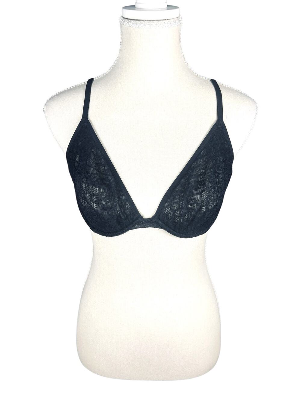 Victoria's Secret Unlined Plunge Bra 34D Black Lace Sheer Y2K Chic